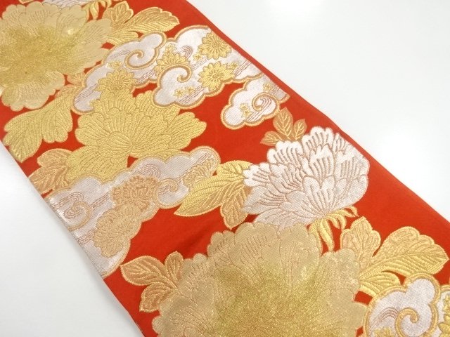 JAPANESE KIMONO / ANTIQUE FUKURO OBI / SILK / WOVEN PEONY